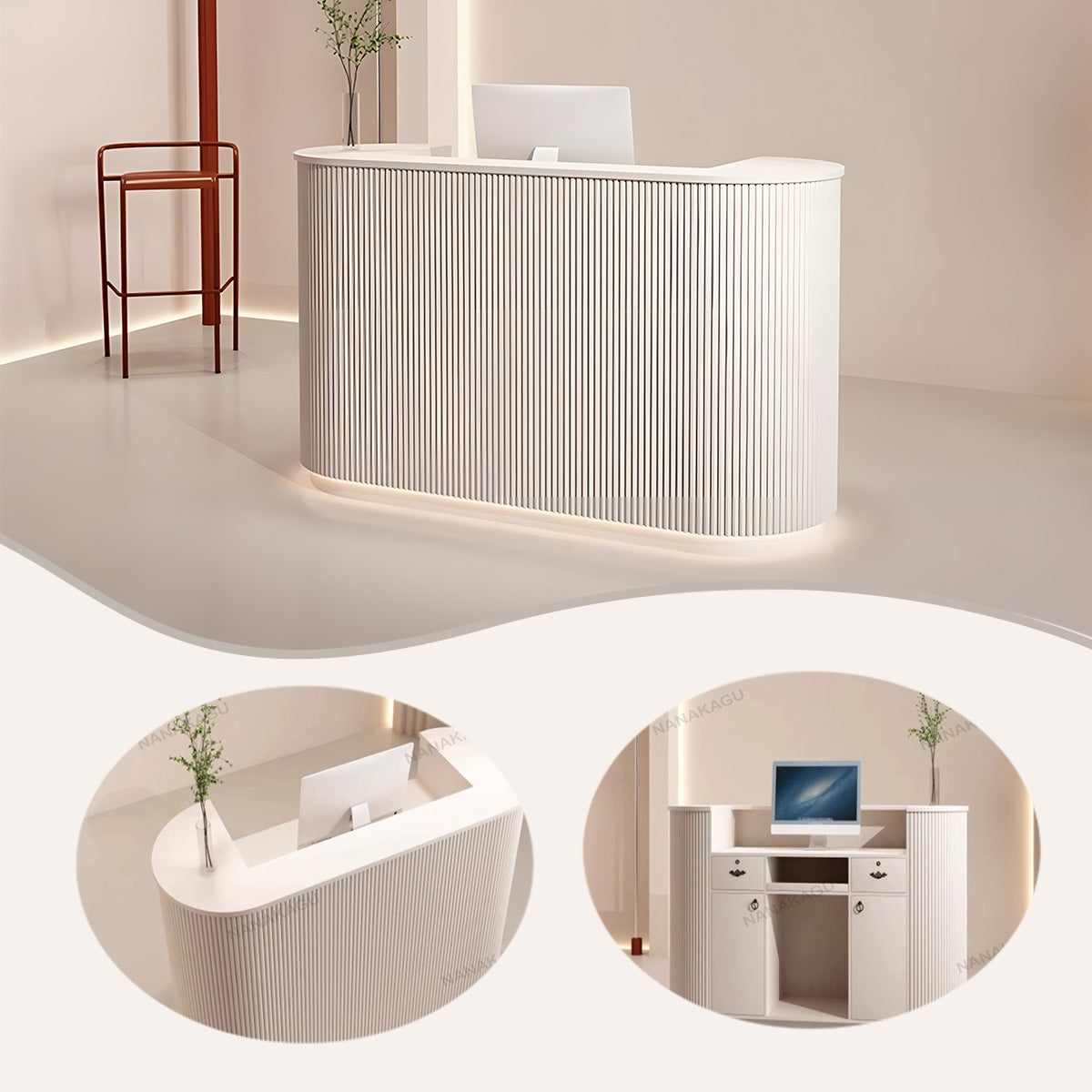 受付カウンター,レジカウンター,フロント,円弧型,上部天板,大容量収納