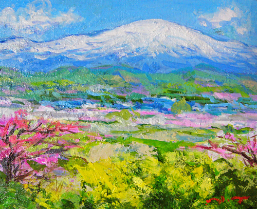 油彩画・風景画／新作品紹介 桃花月山風景 F3 （油彩画）: 油彩画
