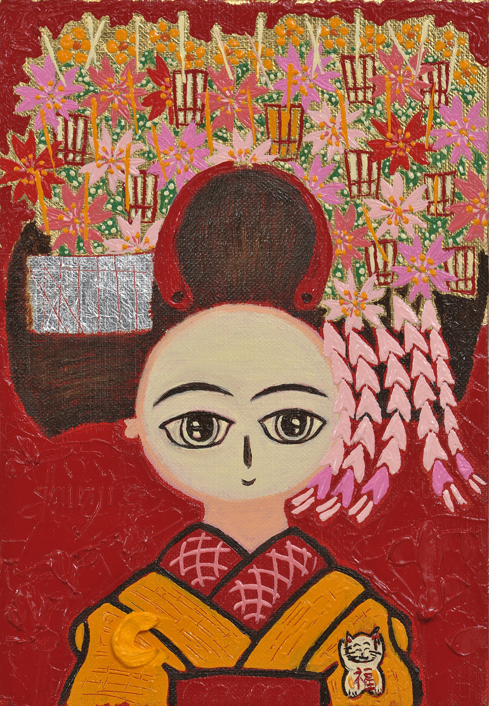 真作】 大杉真司 「見つめて富士左馬」 油彩 ＋ 金箔・プラチナ箔 真作