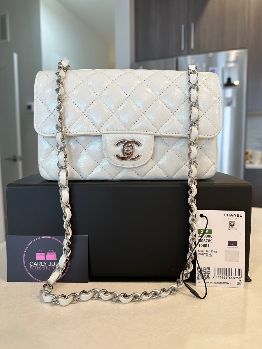 CHANEL 21K Mini Rectangle White Crumpled Iridescent Calfskin