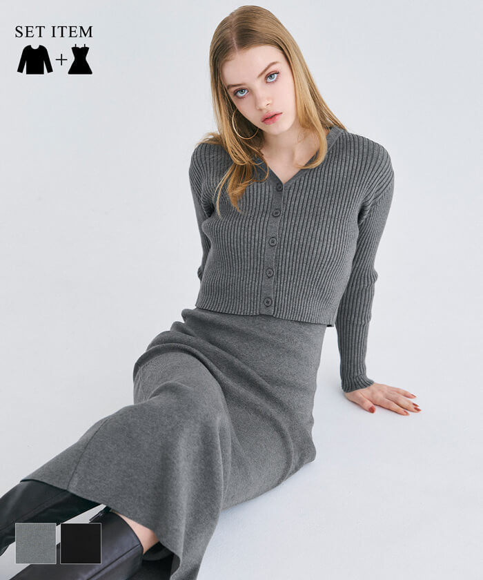 2点セットニットキャミワンピース＆ニットカーディガン レディース