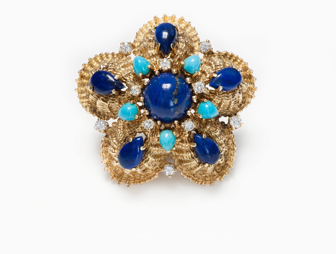 Vintage 18K Yellow Gold Lapis Turquoise Diamond Brooch
