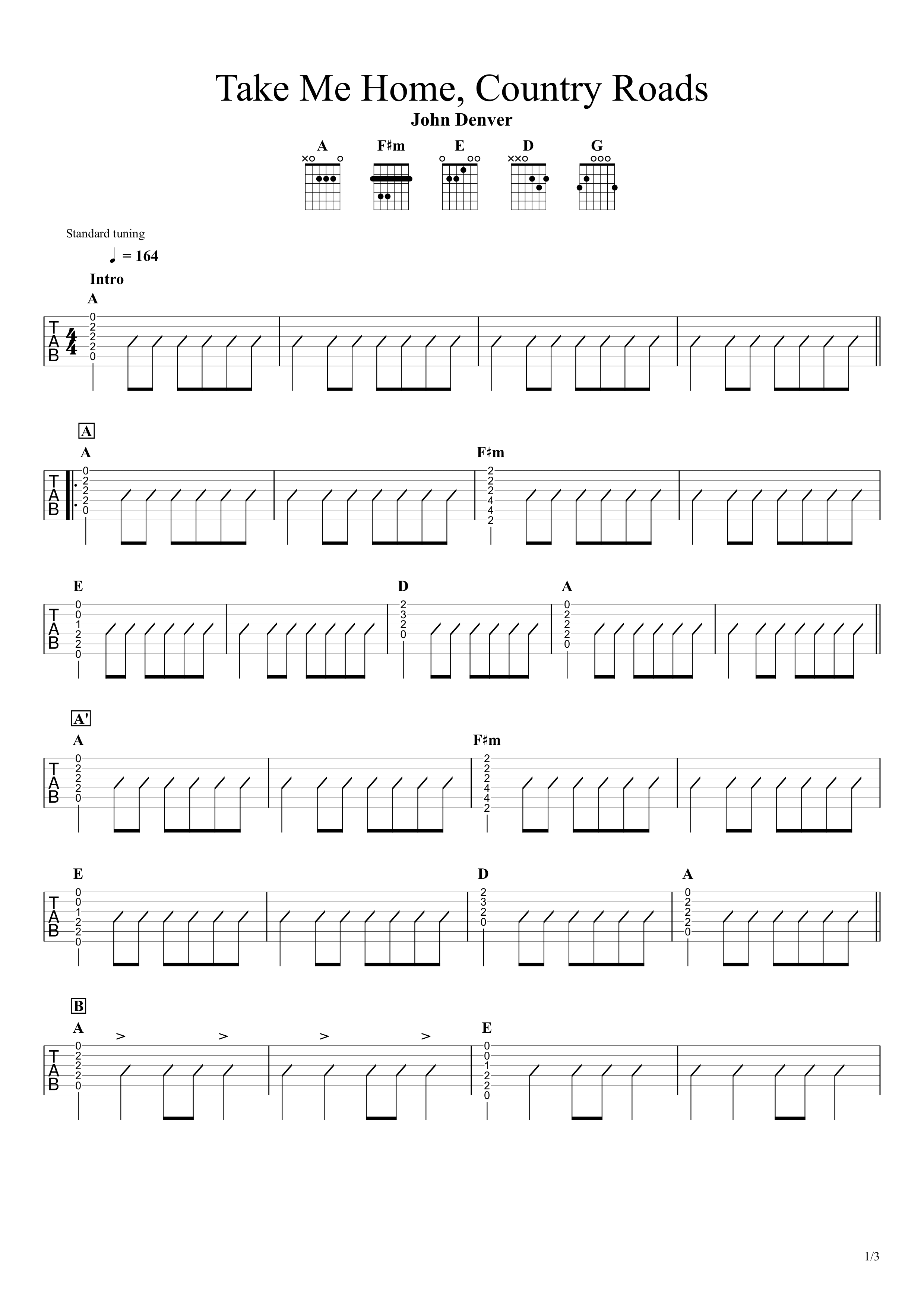 Take Me Home, Country Roads／John Denver】無料ギターTAB譜｜カポ