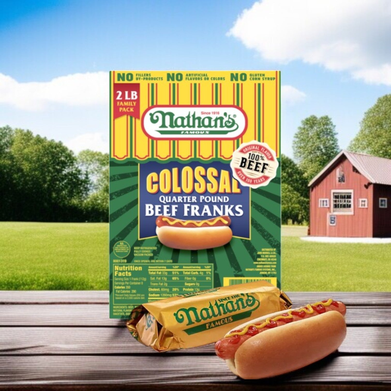 Nathan's Famous Colossal Beef Franks – 32 oz Pack (8 Hot Dogs)