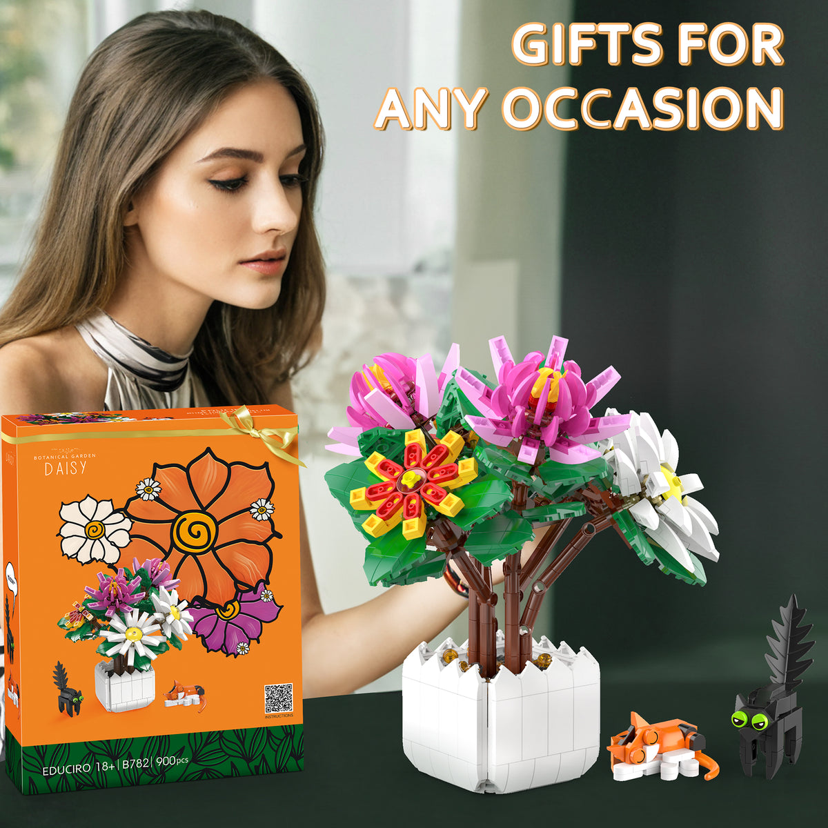 Daisy Flowers Bonsai Building Blocks Kit with Cat Building Set