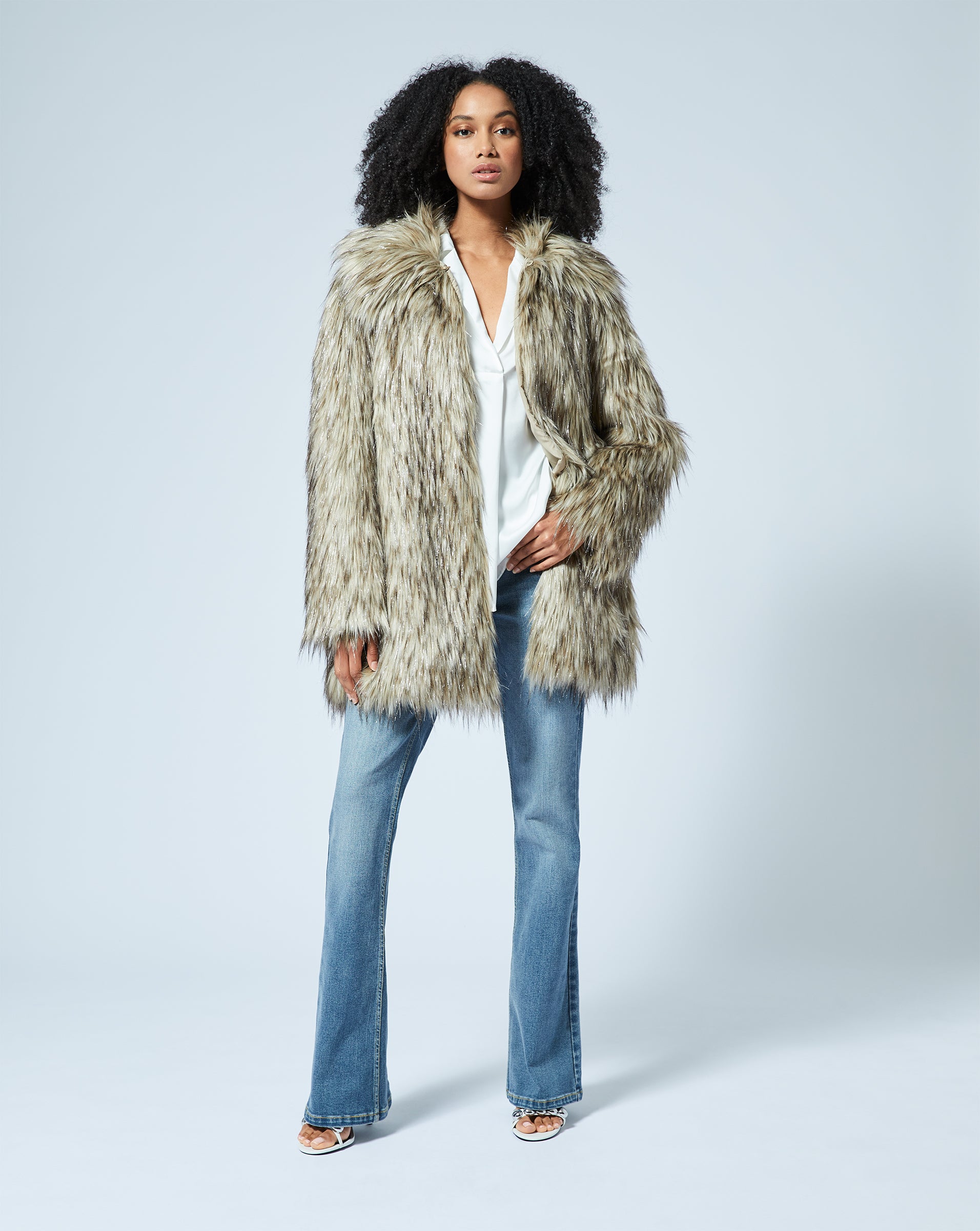 Adrienne Landau Faux Fox Fur Coat with Metallic Thread
