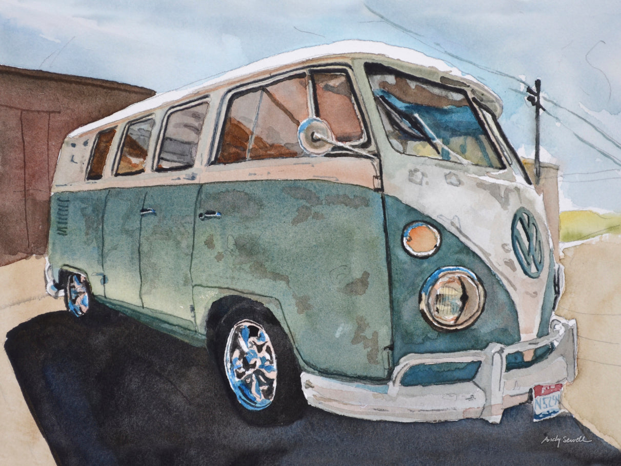 Baja Blue Bus” An Original watercolor or a signed Giclee art print