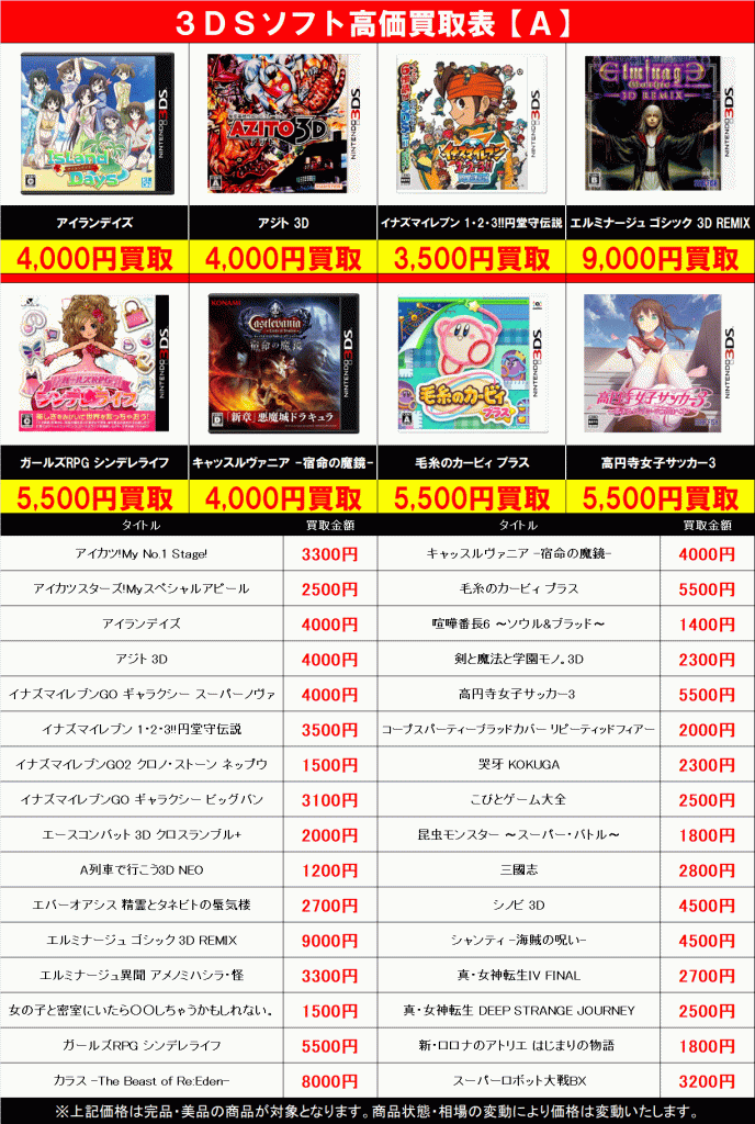 3DSソフトの高価表を更新しました！ | トレカ、マンガ、フィギュア