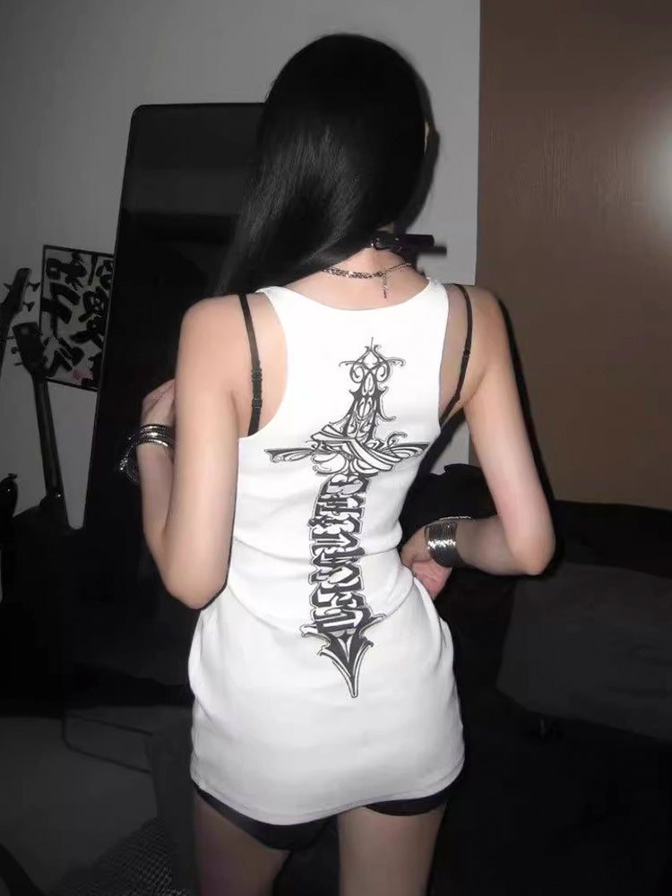Y2Kギャルホワイトプリントクロスデザインタイトキャミソール