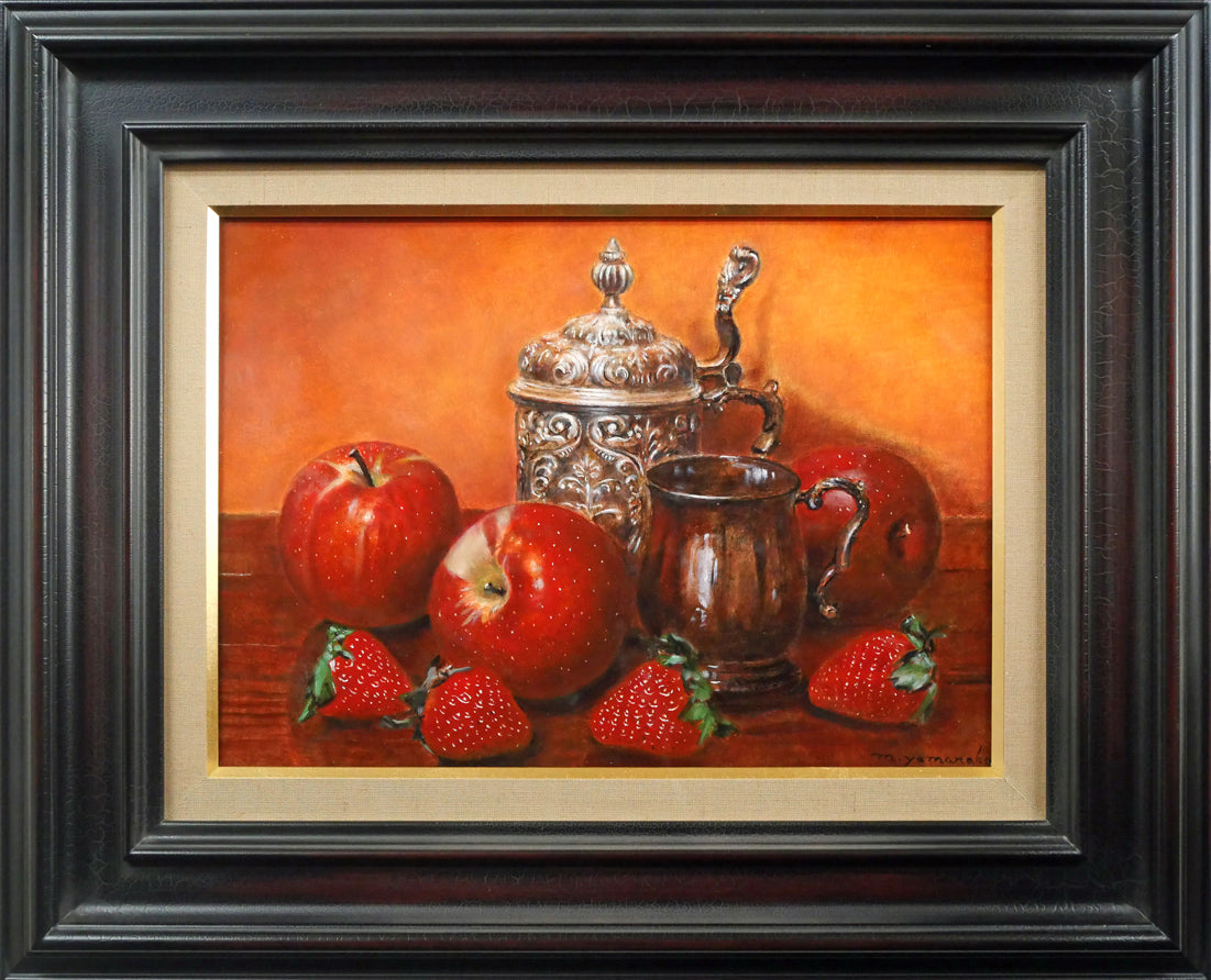 花瓶とリンゴの油彩画 リンゴのある静物画（油彩・キャンバス レトロ