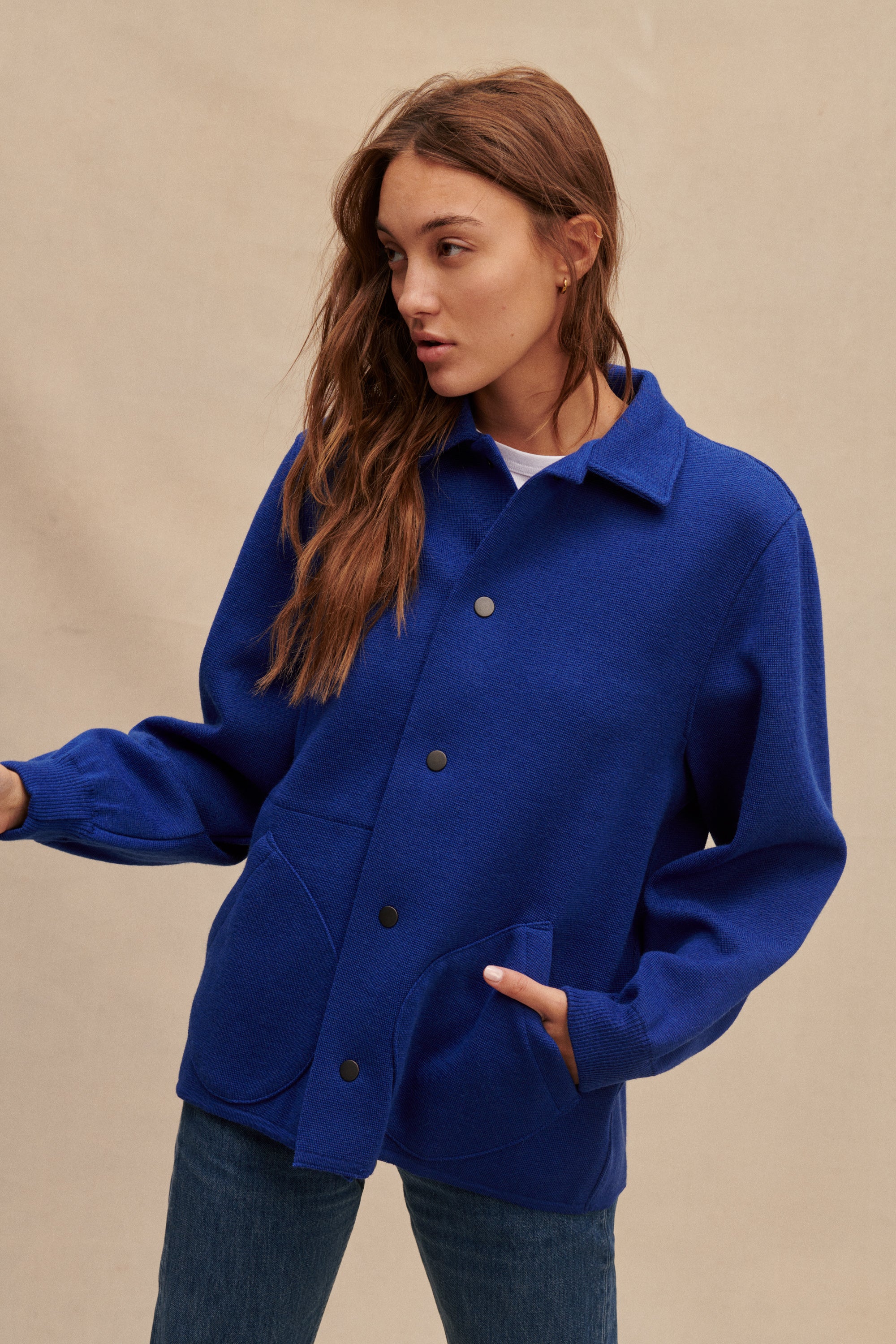 Women's electric blue coach jacket in virgin wool | Le Minor