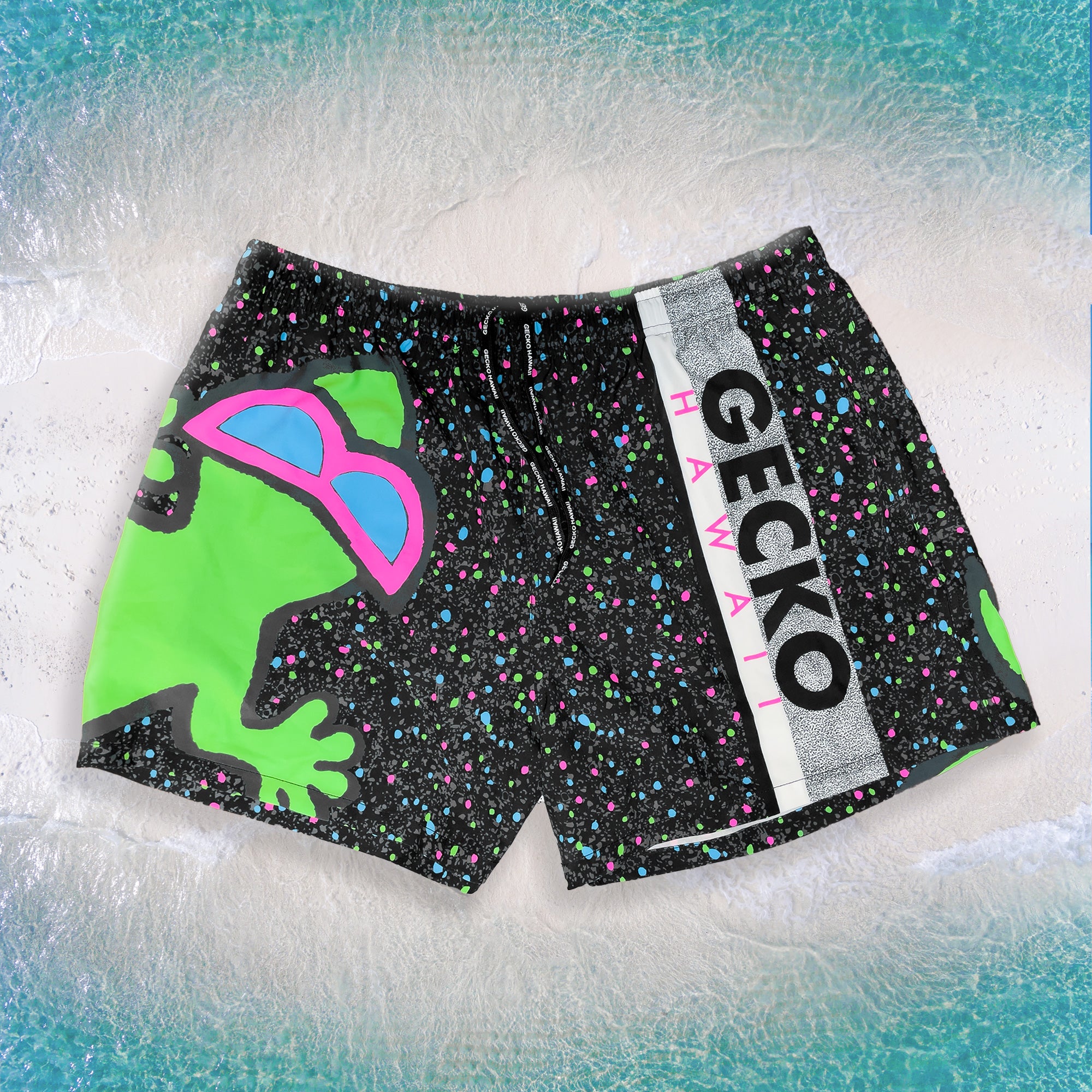 1989 Gecko Splatter Wrap Black Multiverse Volley Shorts | Gecko Hawaii