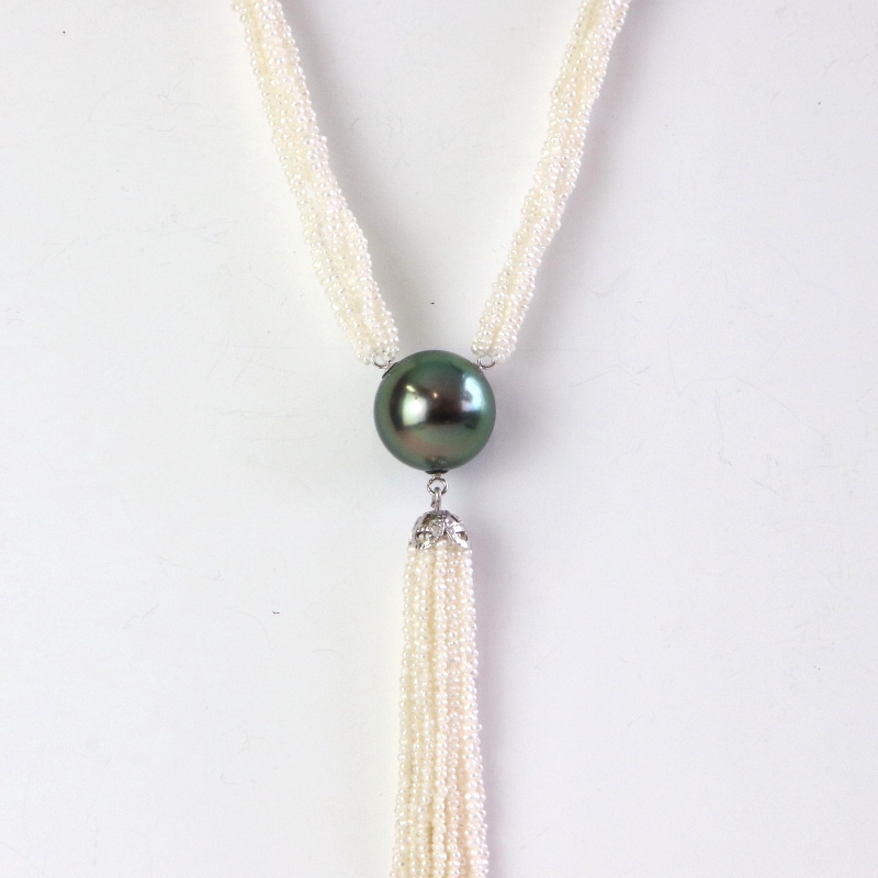 SVあこや真珠砂ケシ×黒蝶真珠タッセルロングネックレス【長さ70