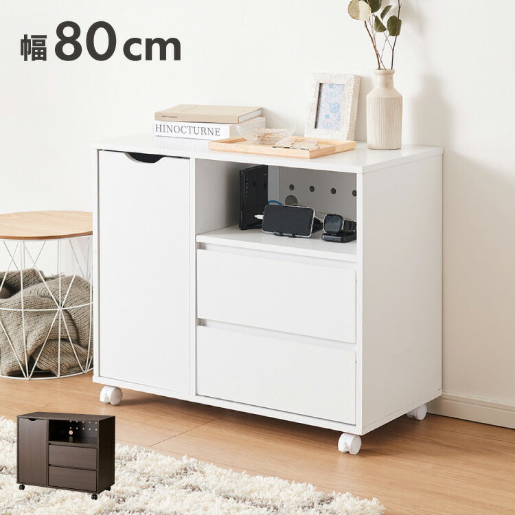 押入れ収納 キャビネット 幅80cm キャスター付き 引き出し付き 横開き