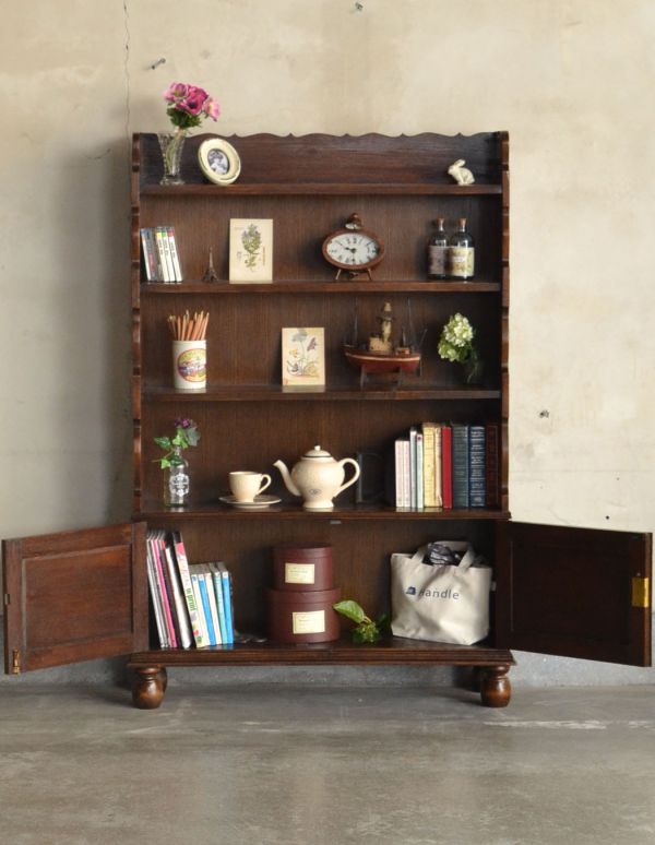 ダークブラウンのアンティーク家具、英国のブックシェルフ（本棚）(q