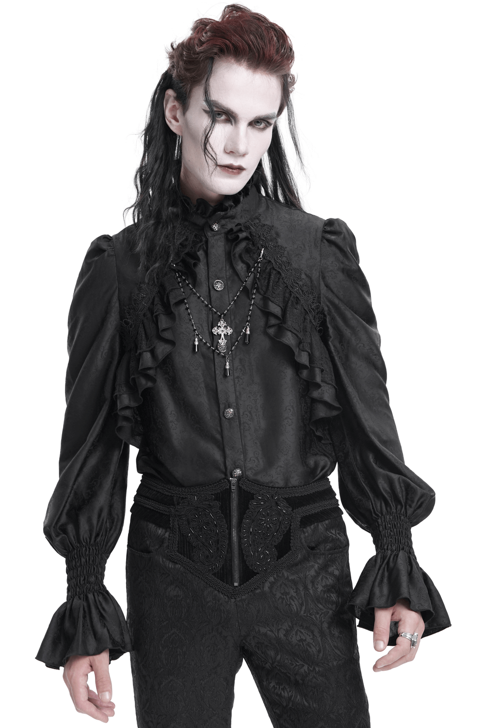 Gothic Victorian High Neck Shirt with Ruffle Front