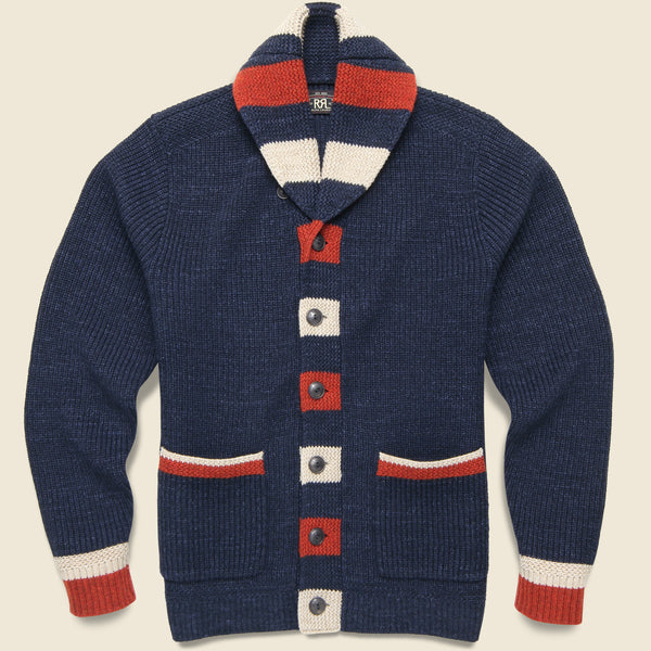 Car Club Shawl Cardigan - Dark Indigo/Red/Cream