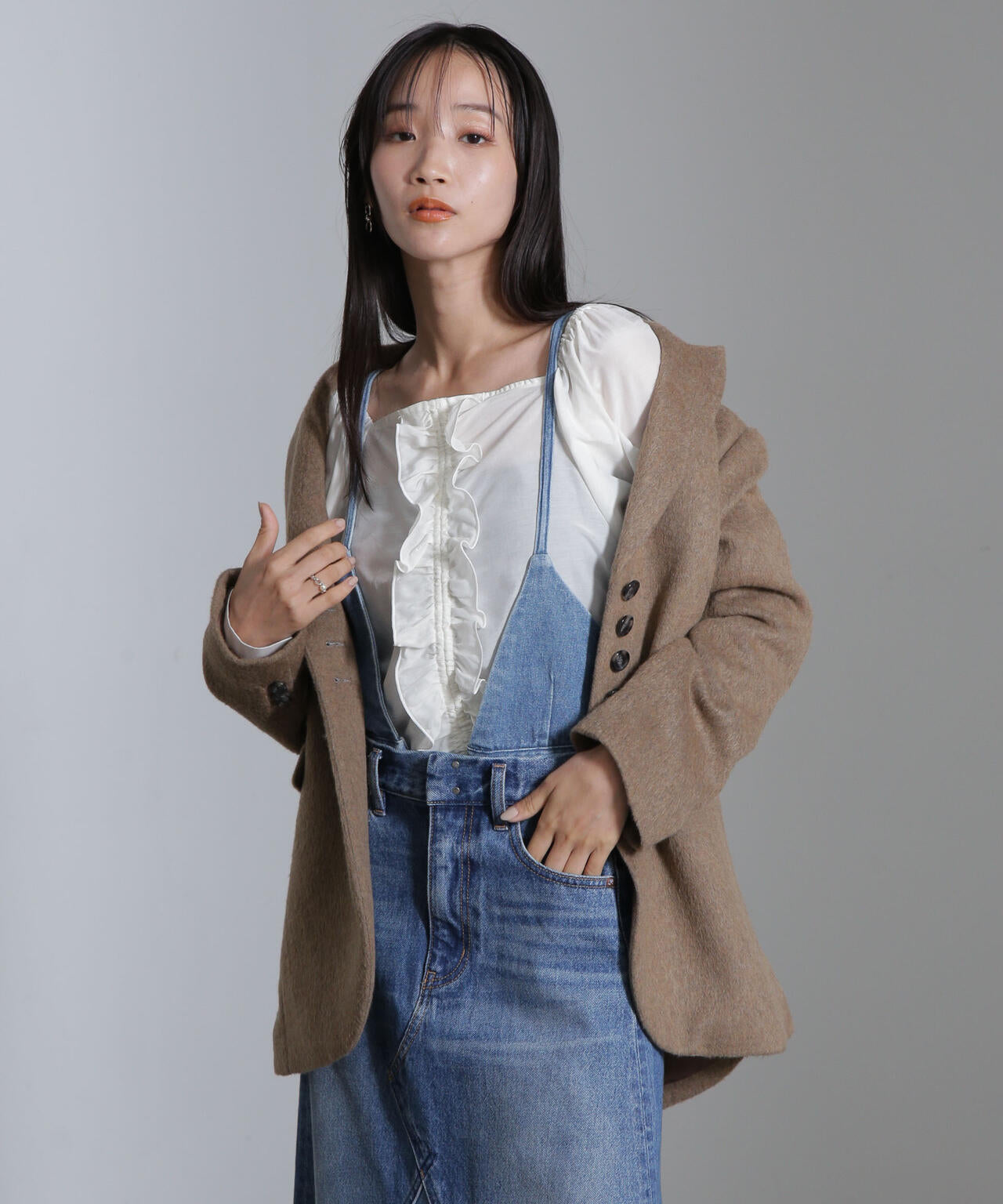 シルク 混 フロント フリル ブラウス