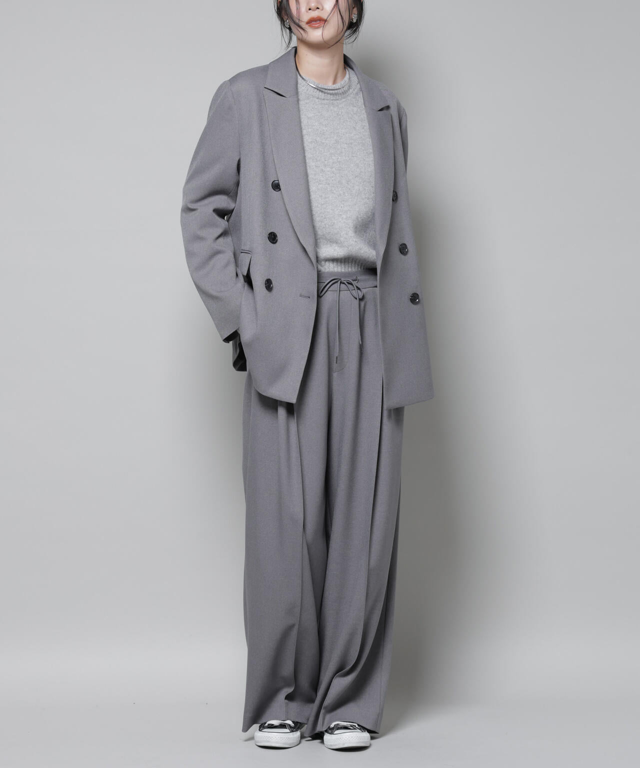 ストレッチサージ ピンタック イージー ワイドパンツ ( セットアップ 可)