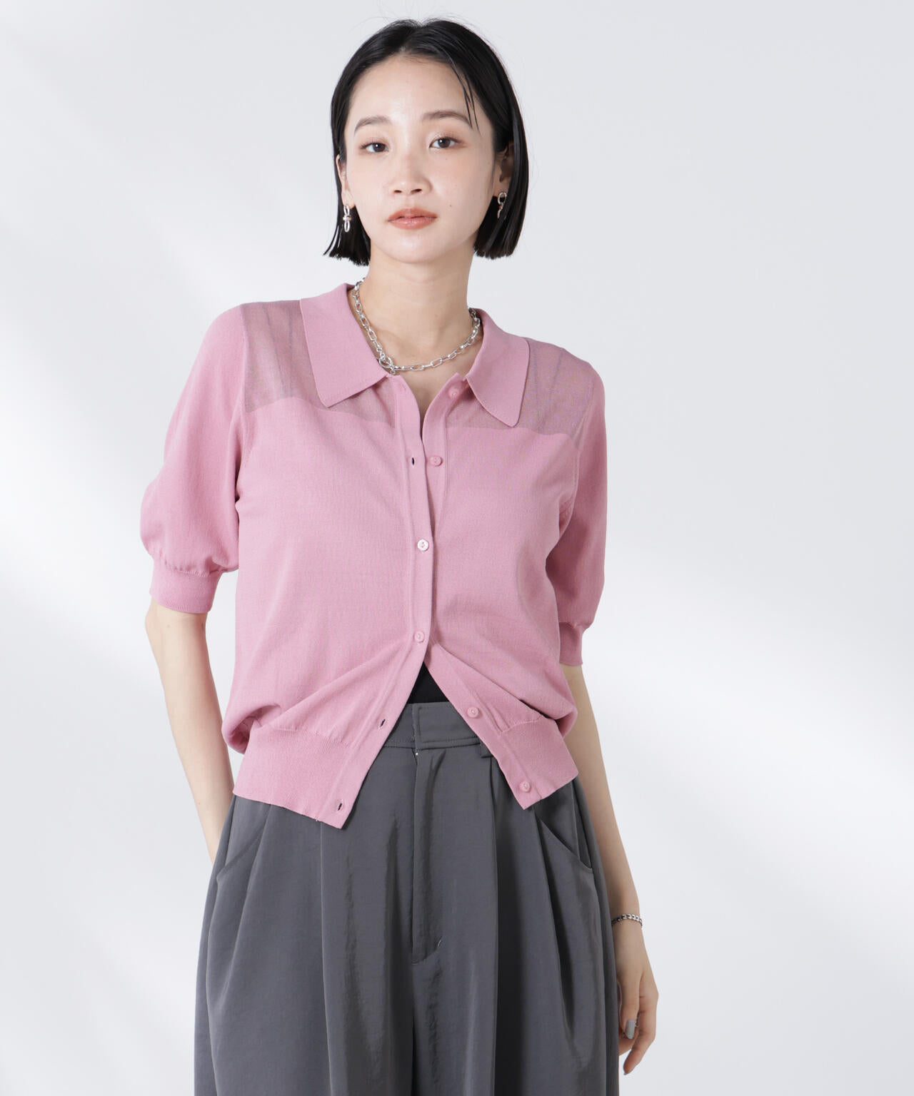 シアー 切り替え 半袖 ニット カーディガン