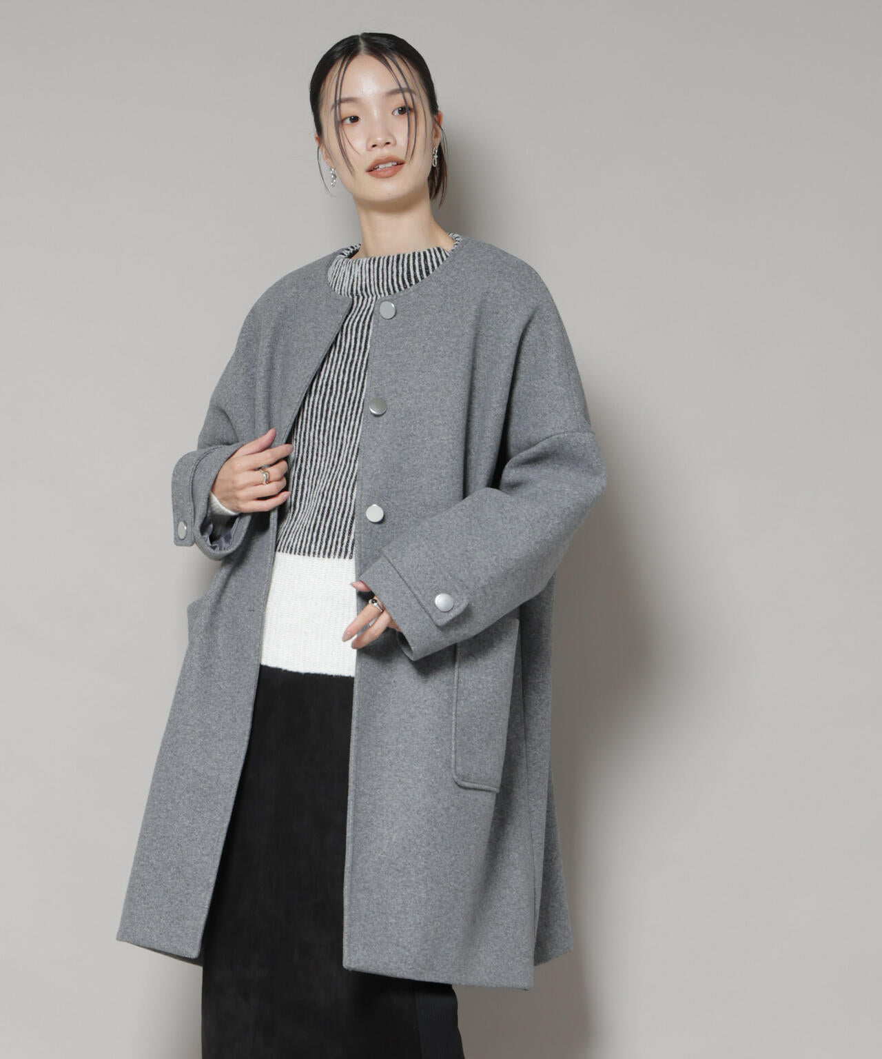 ノーカラー コクーン ミドルコート