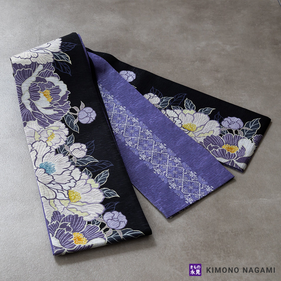 召しませ花 リバーシブル半幅帯 芍薬 黒 日本製│きもの永見オンライン