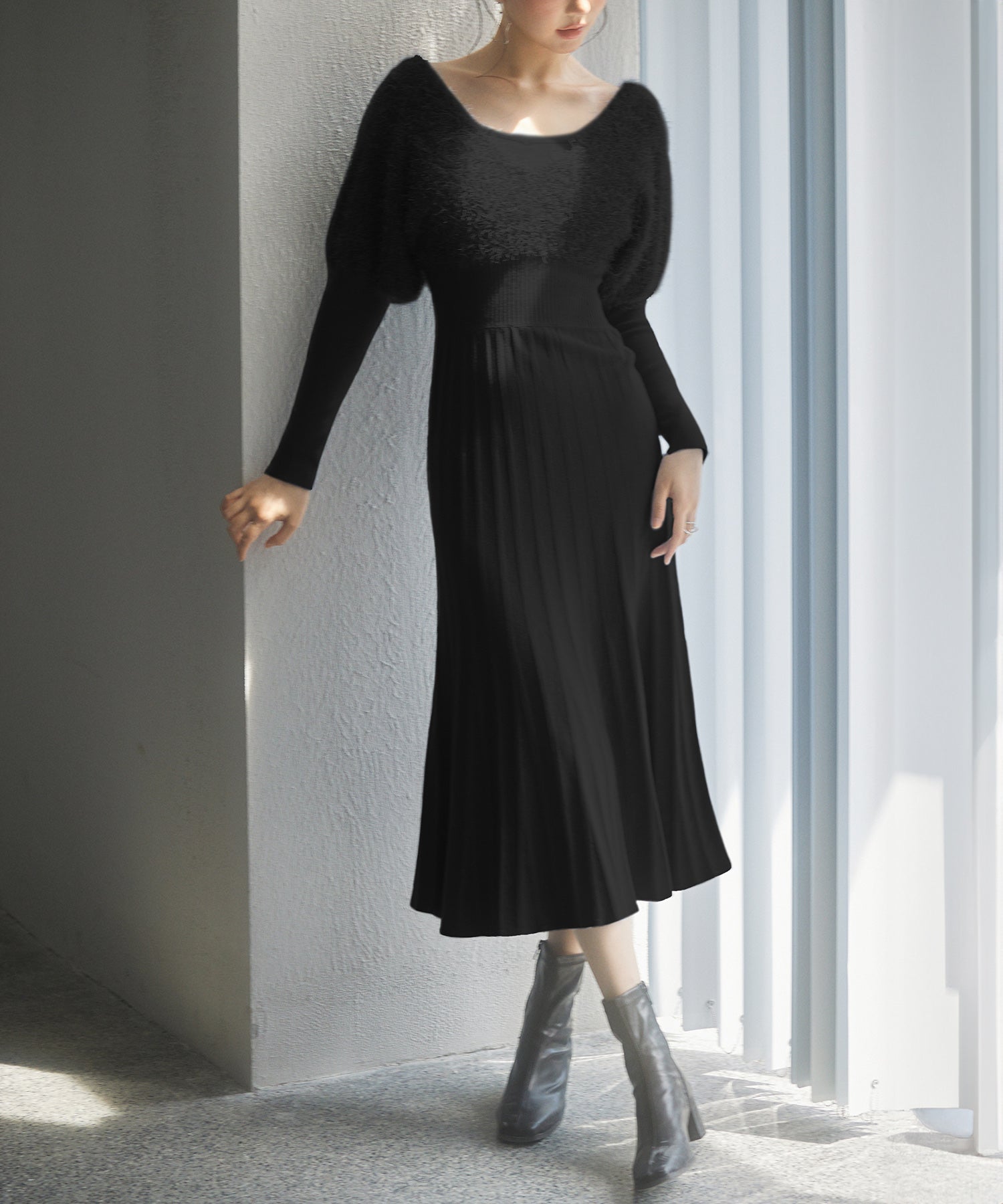 フェザーとニットスカートがドッキング2wayワンピースsdp8030 ブラック