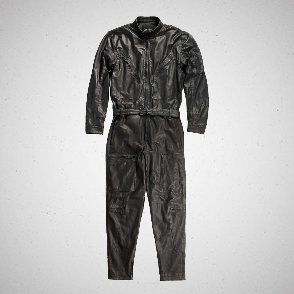 Men's Black Leather Catsuit - Sleek Full-Body Jumpsuit