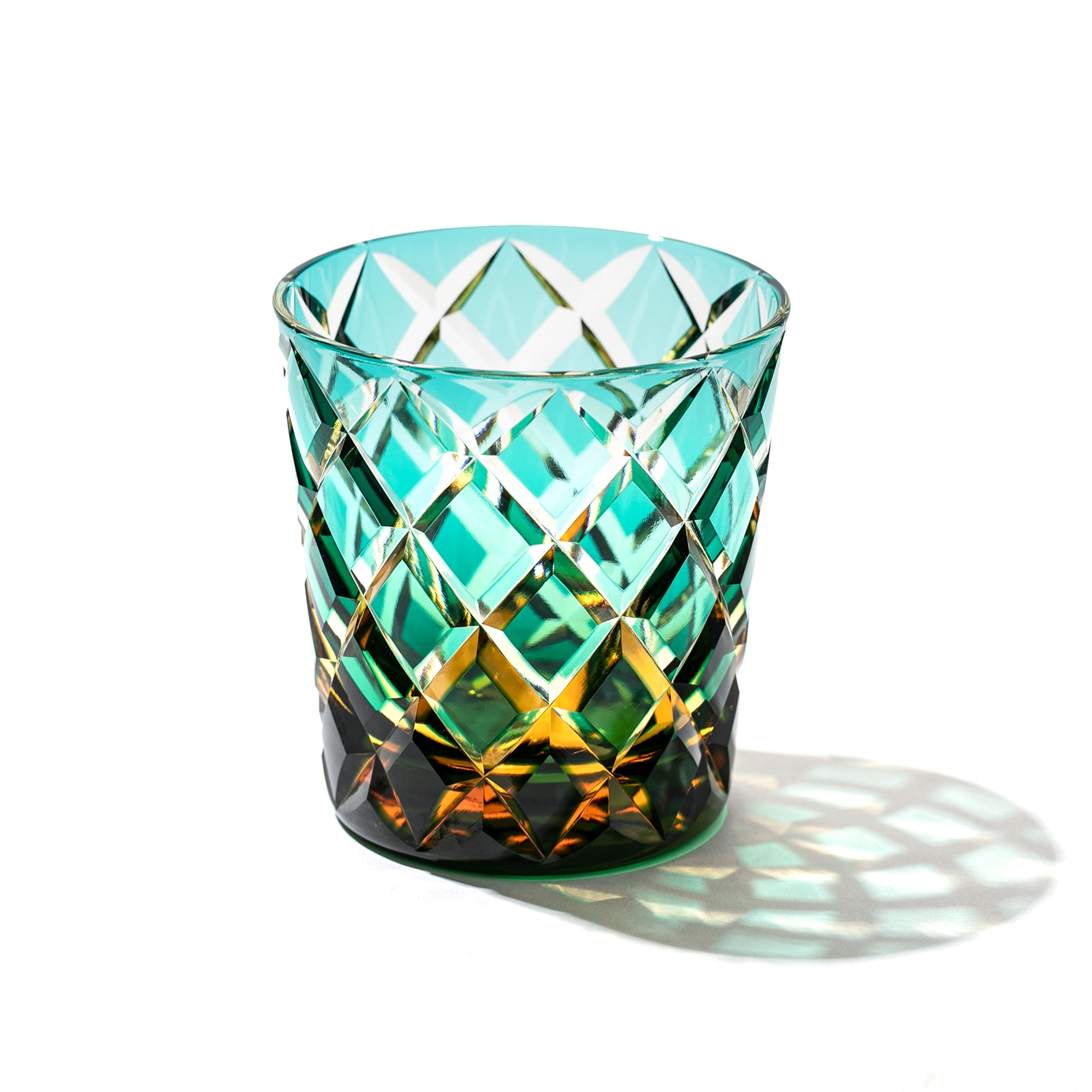 江戸切子 伝統工芸士 木村泰典 作 矢来紋 オールドグラス 琥珀緑