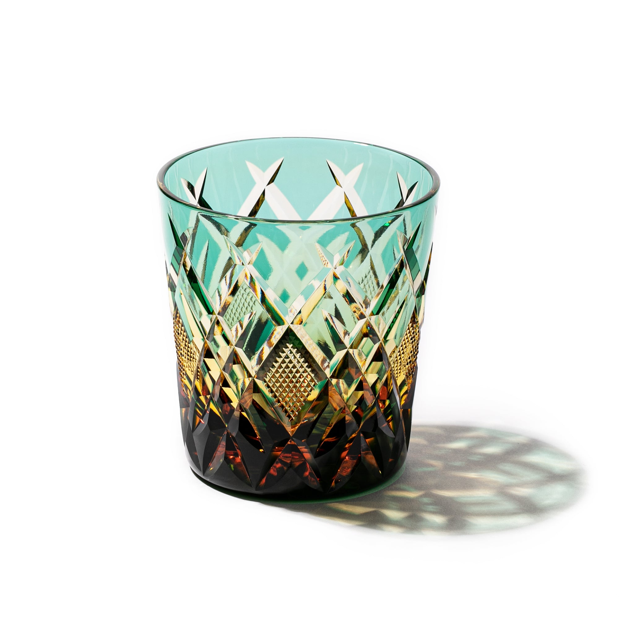 江戸切子 伝統工芸士 木村泰典 作 矢来魚子紋 オールドグラス 琥珀緑