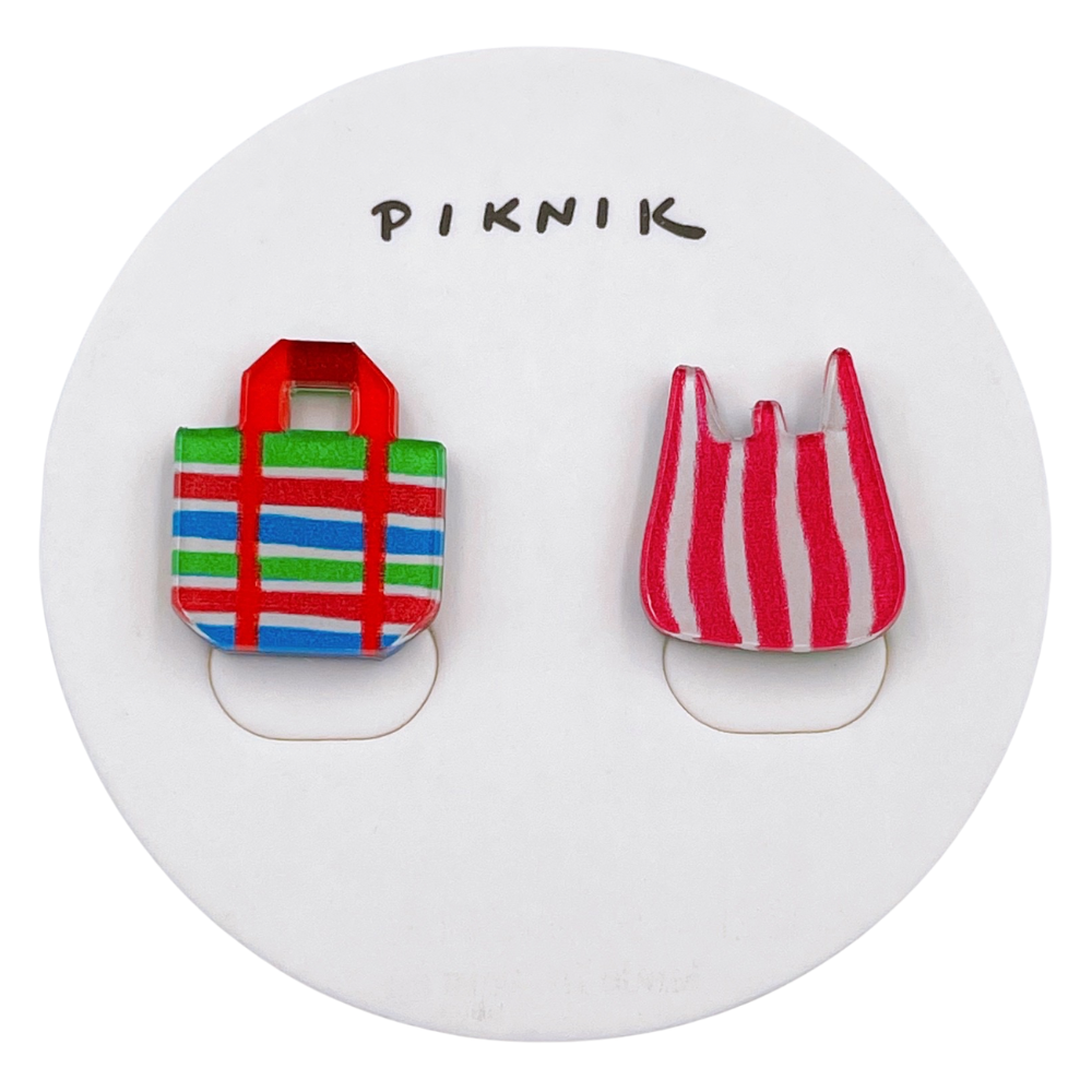 日日野餐 PIKNIK ピンバッジ 台湾漁師網バッグ＋紅白ストライプレジ袋