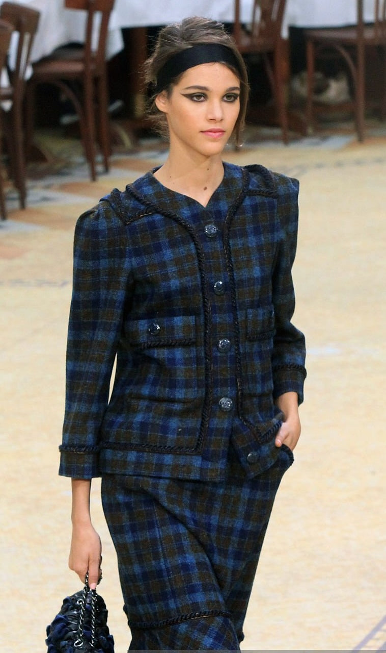 シャネル ジャケット CHANEL ブルー カーキ チェック柄 ウール