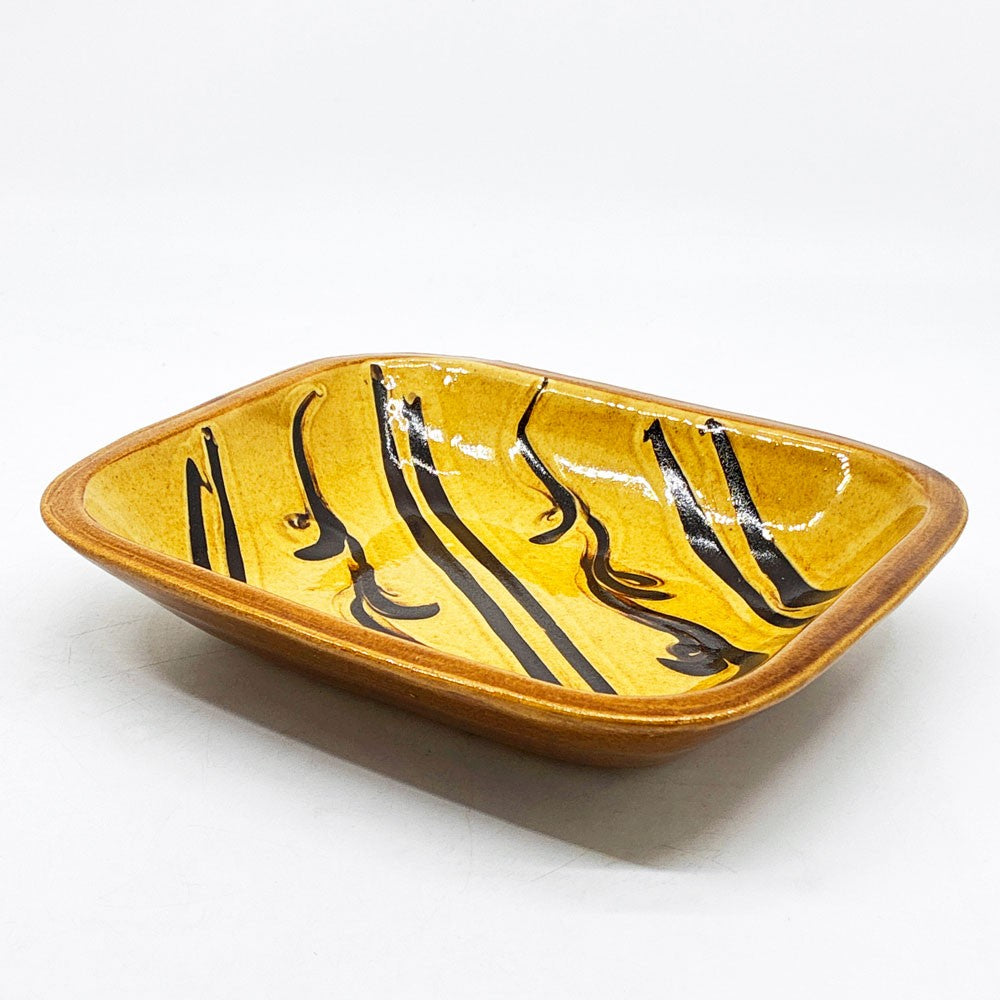 湯町窯 布志名焼 角皿 スリップウェア 浪紋濃茶 黄釉 W19.5cm 和食器