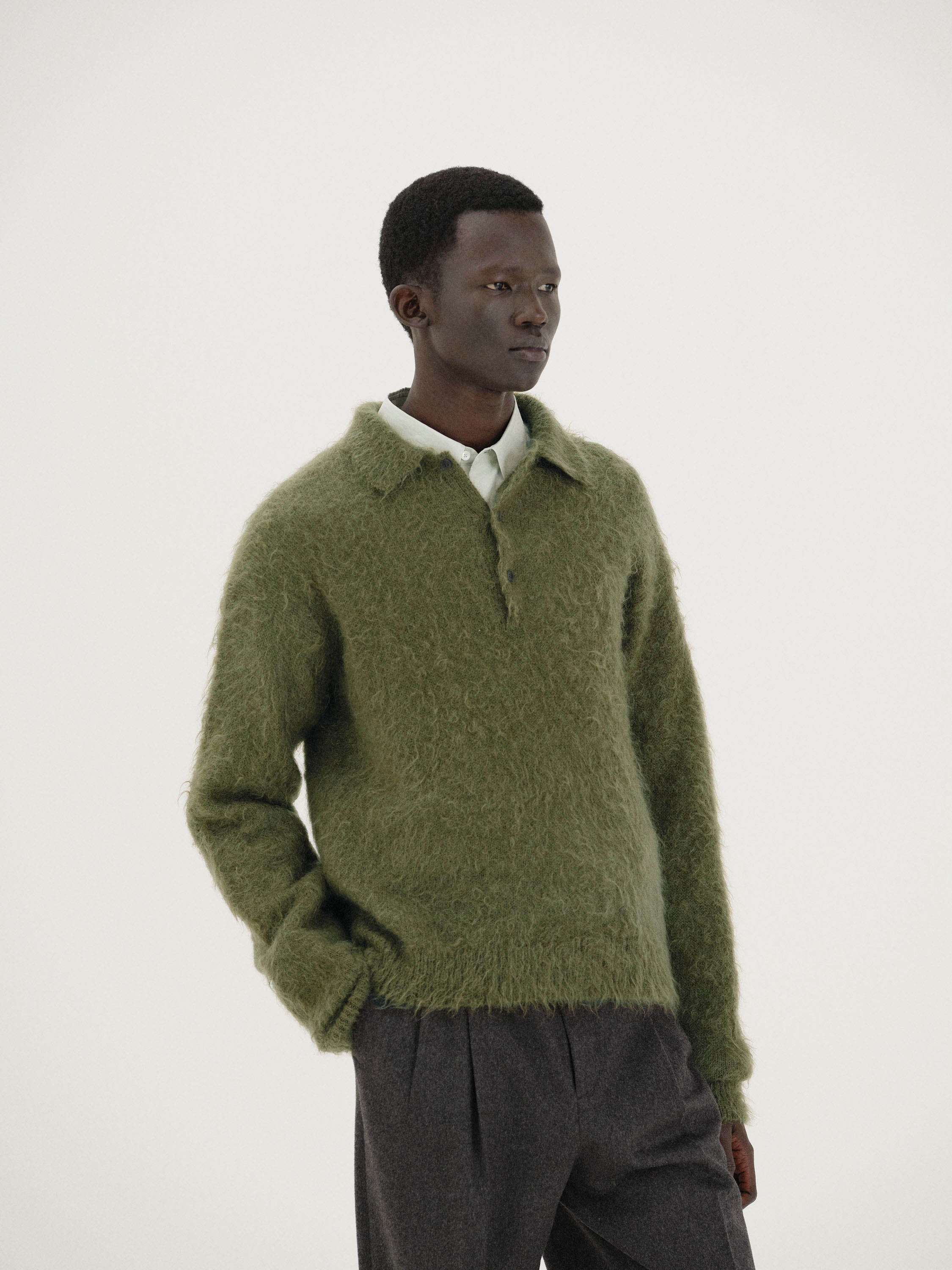Auralee Brushed Super Kid Mohair Knit Polo - Olive – Totem Brand Co.