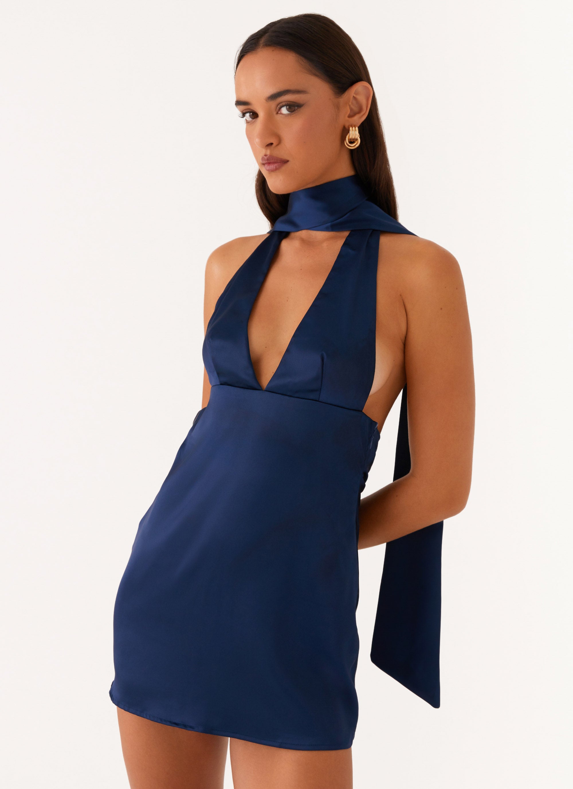 Alicia Satin Halter Mini Dress - Navy – Peppermayo US