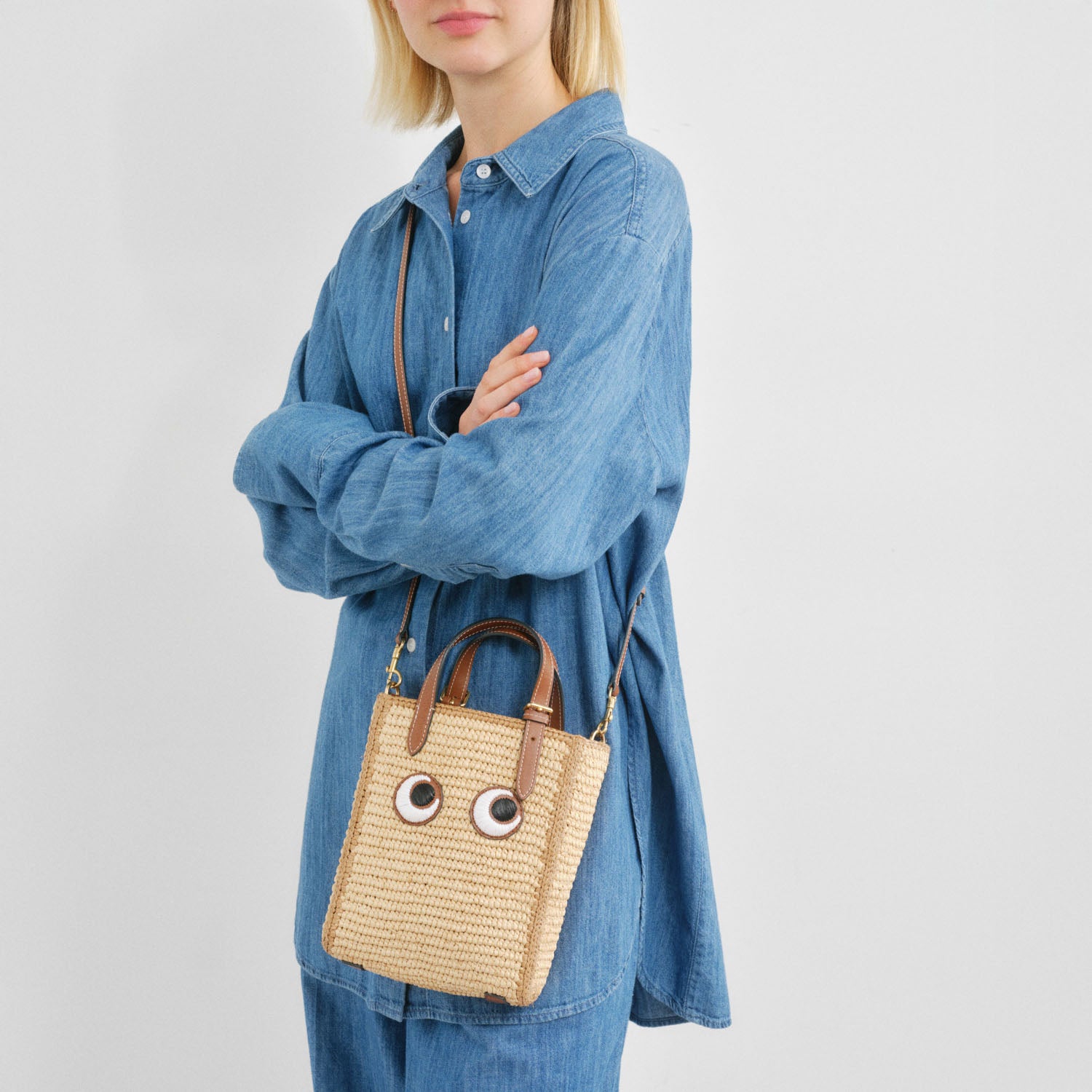Mini Raffia Cross-body Tote Bag with Eyes | Anya Hindmarch US