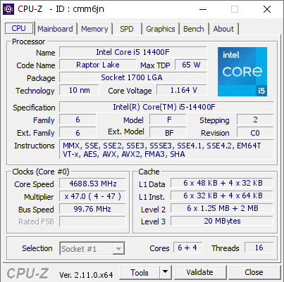 Intel Core i5 14400F @ 4688.53 MHz - CPU-Z VALIDATOR