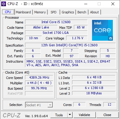 Intel Core i5 12600 @ 4389.26 MHz - CPU-Z VALIDATOR
