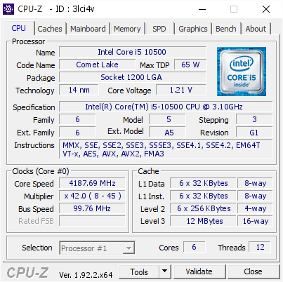 Intel Core i5 10500 @ 4187.69 MHz - CPU-Z VALIDATOR