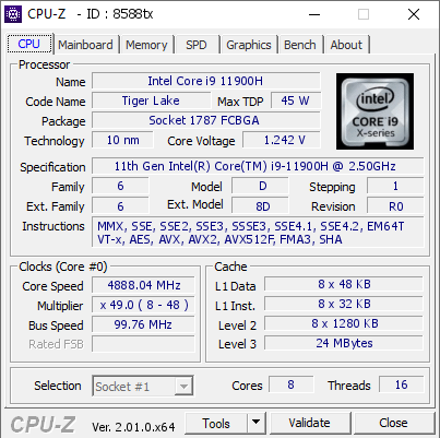 Intel Core i9 11900H @ 4888.04 MHz - CPU-Z VALIDATOR