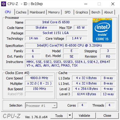 Intel Core i5 6500 @ 4800 MHz - CPU-Z VALIDATOR