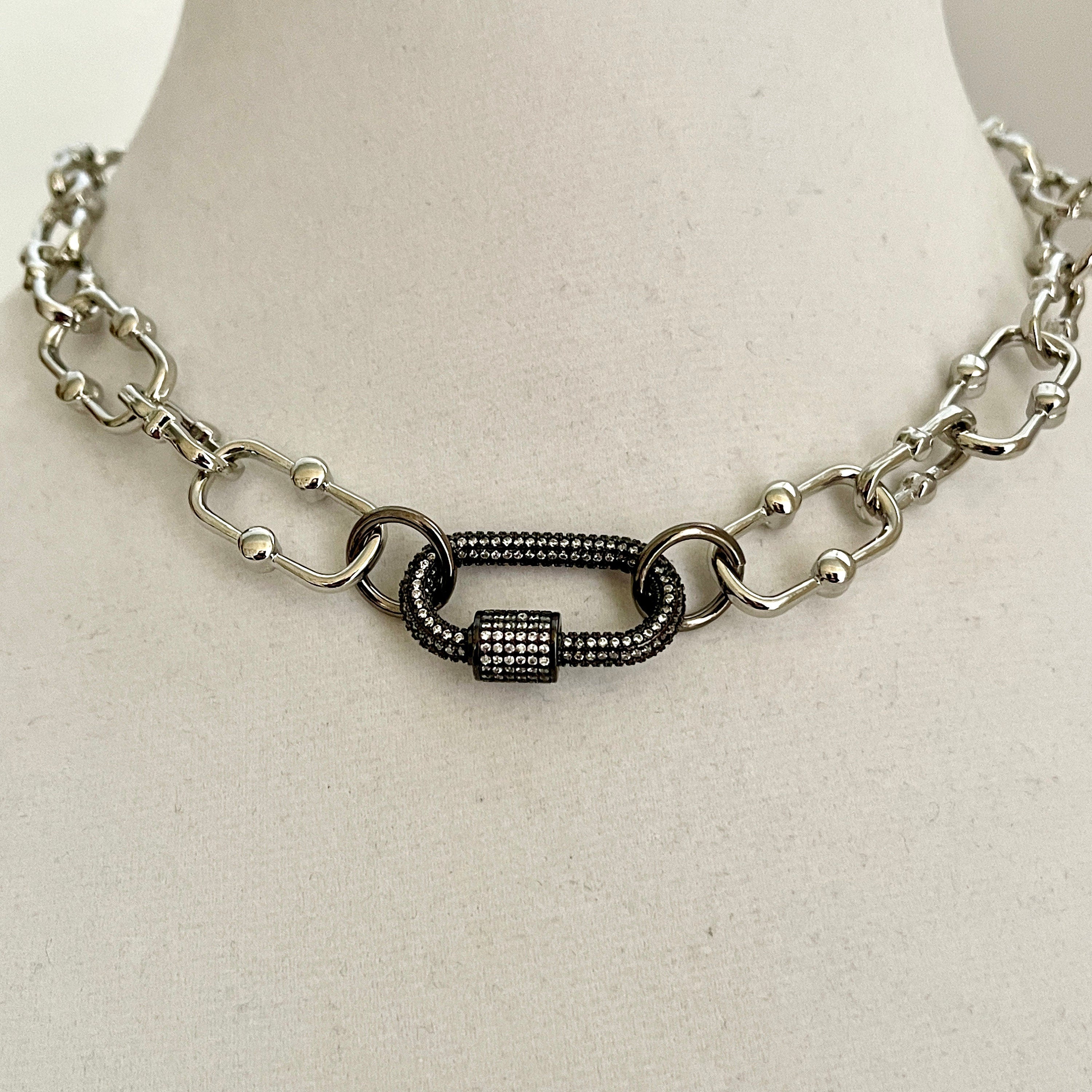 Silver Carabiner Necklace-Chunky Silver Cable Chain-Gunmetal Cubic