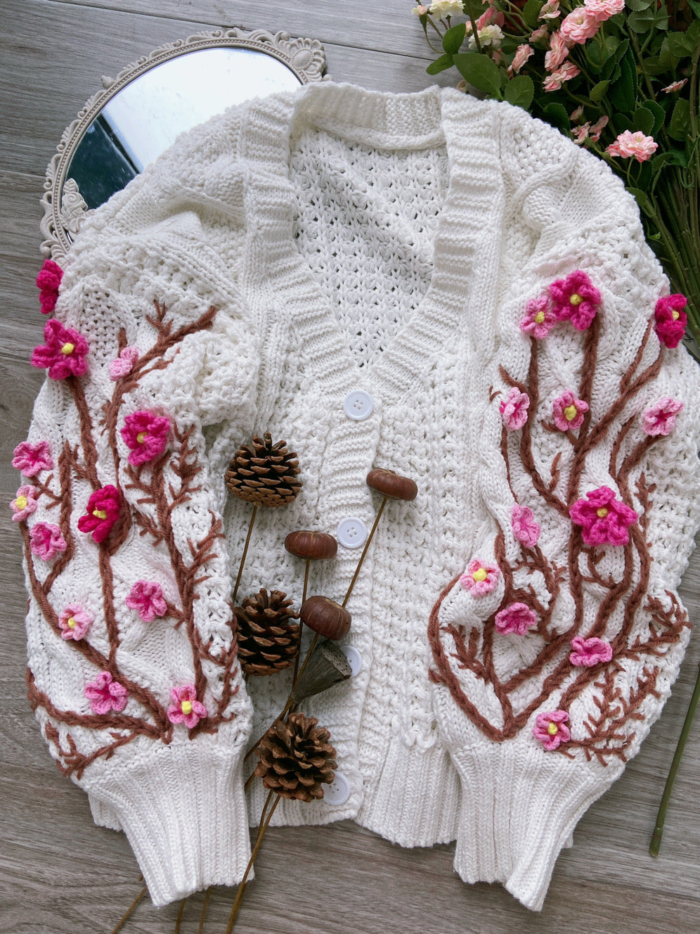 Cottagecore Cherry Blossoms Embroidery Cardigan - White – VintageMist