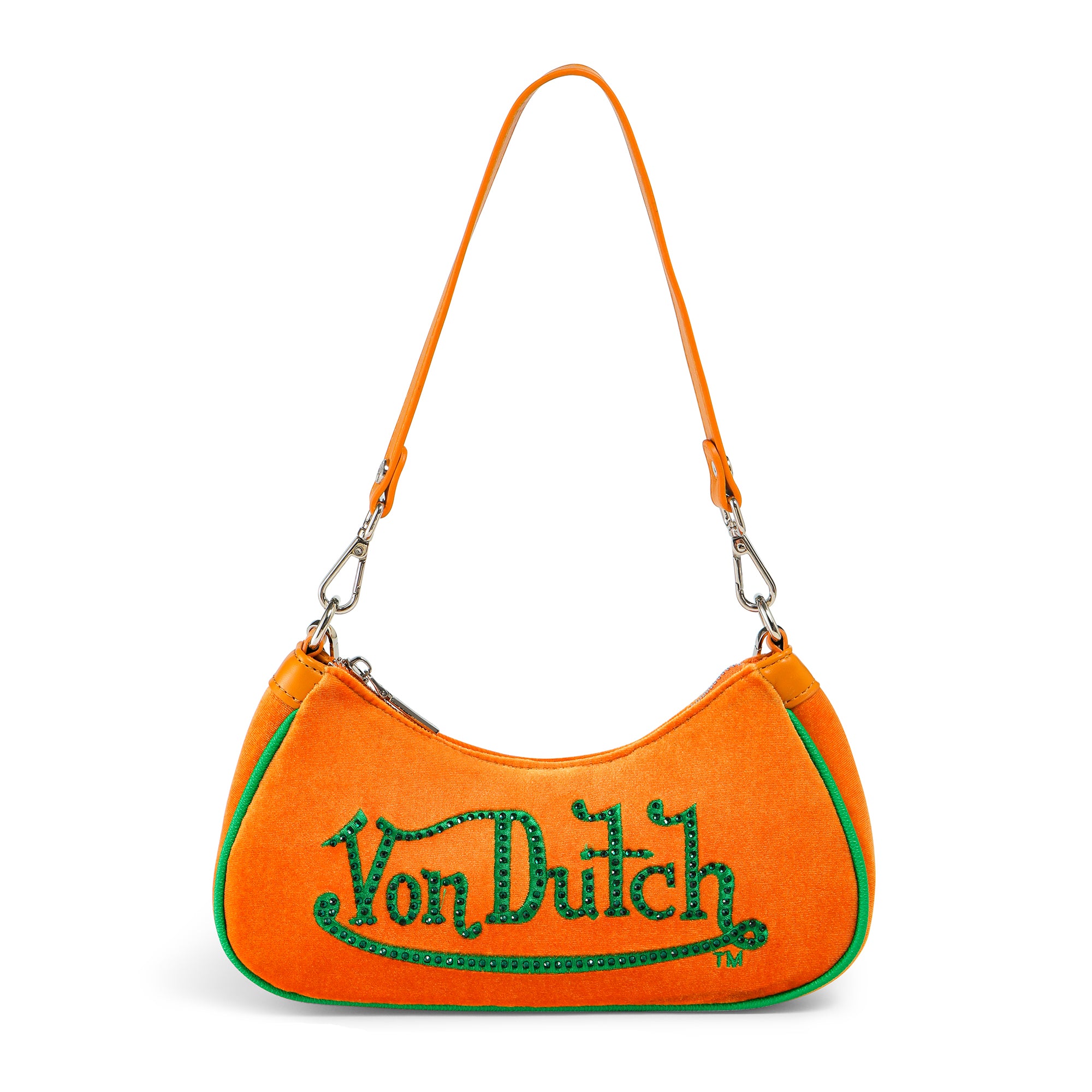 Orange & Green Rhinestone Velvet Shoulder Bag | Von Dutch