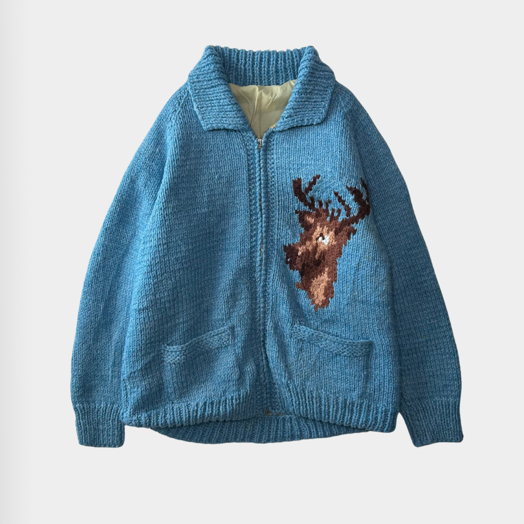 90's Unknown Brand カウチンセーター トナカイ 青(サイズ不明)/A6035O