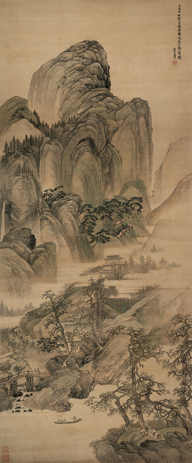 山水古画清_王翚_仿唐寅溪山晴霭图-古代绘画-百图汇素材网