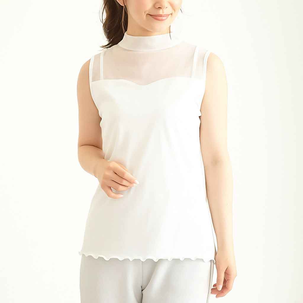 M〜L】日本製チュール切替ボトルネックタンクトップ｜涼感×上品レース