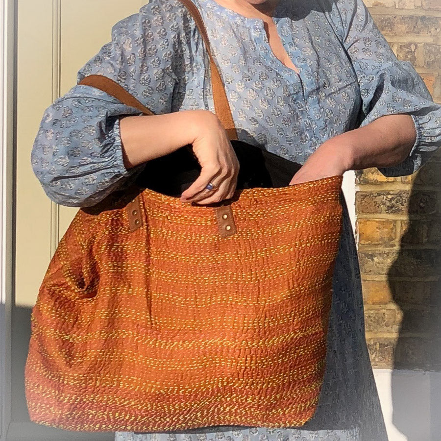 Vintage Silk Day Bag with leather handles - Tan – Red Squirrel Store