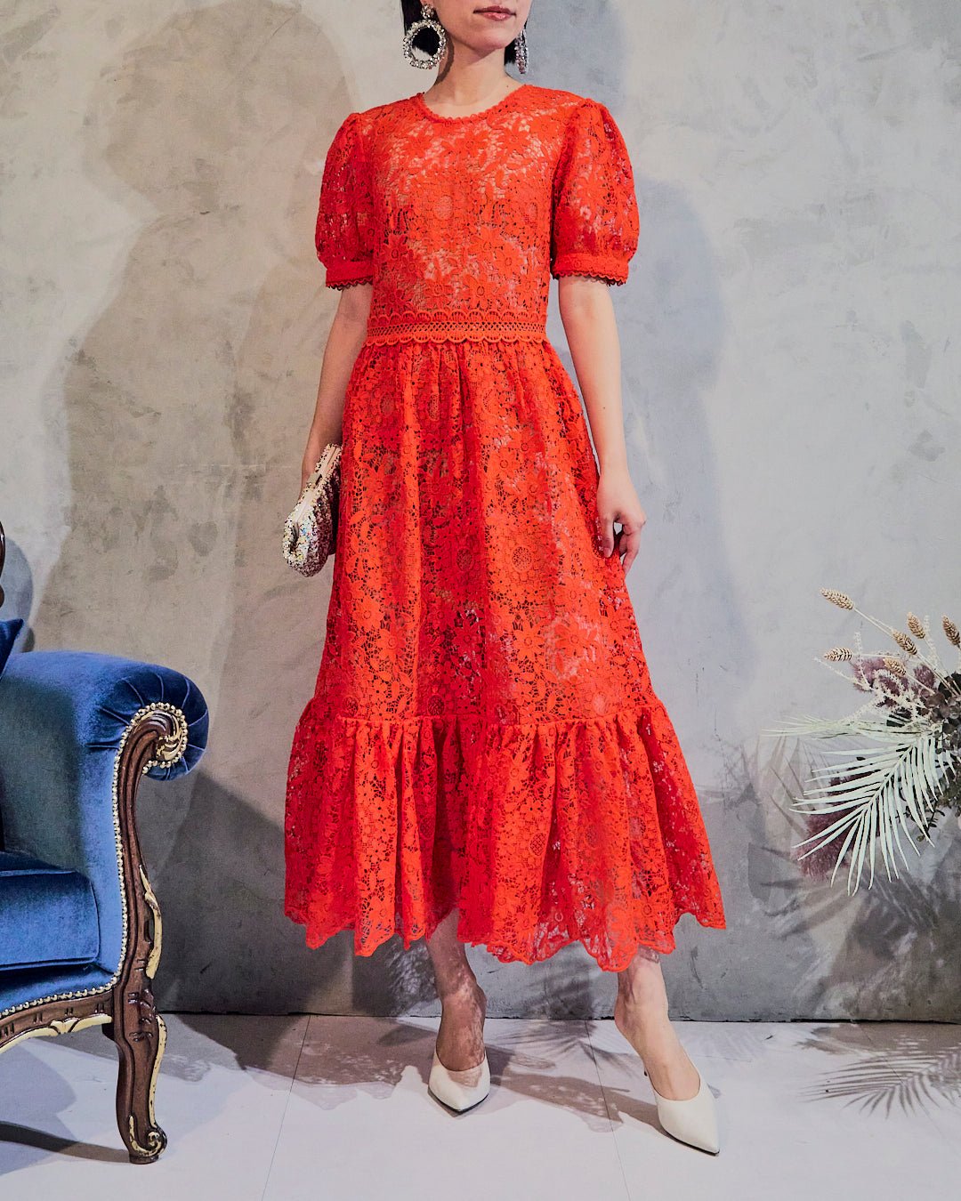 Self-Portrait 結婚式・パーティードレス｜オレンジのレースドレス