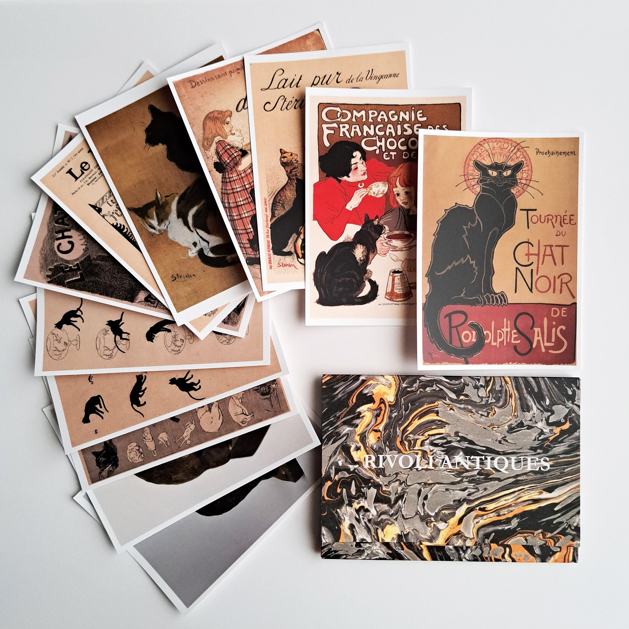 スタンランの黒猫ポストカード 12枚セット［特製マーブル柄ケース入り］